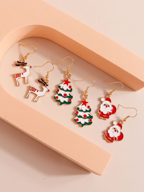 Multicolor Cute Collar  Zinc Alloy  Dangle Embellished   Jewelry Santa Christmas Tree, 3 Earrings, Large Stud Earrings, Baublebar Earrings, Santa Claus Christmas Tree, Earrings Handmade Dangle, Christmas Tree Decor, Wing Earrings, Christmas Earrings