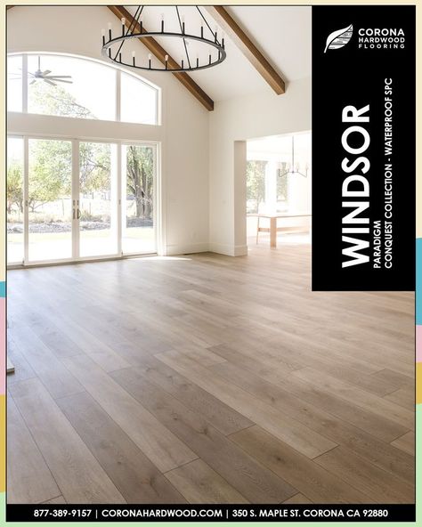 Paradigm Conquest Windsor SPC installed in a great room area, a 9" x 72" plank with 8mm of thickness and 1.5mm IXPE pad make it a big and comfortable plank using current trends in light natural european oak color and style. Best Waterproof Laminate Flooring, Paradigm Conquest Windsor, Paradigm Conquest Flooring, Vinyl Wood Flooring, Waterproof Laminate Flooring, Vinyl Wood, Lvp Flooring, Laminate Floors, Designing Ideas