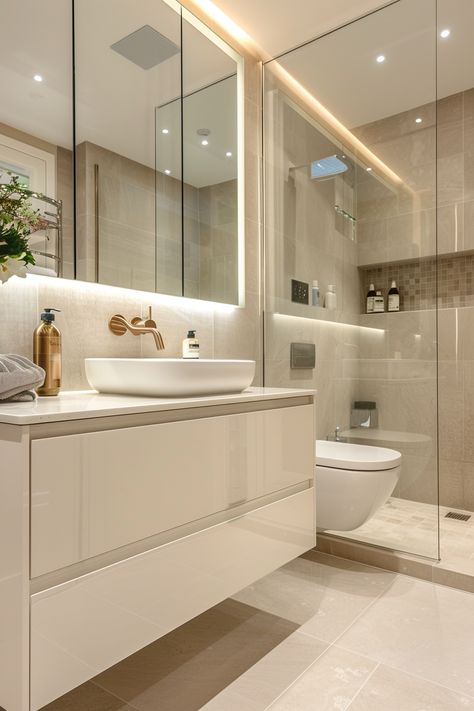 Luxurious White Bathroom, White House Interior Aesthetic, Modern Sleek Bathroom, Wall Mounted Toilet Ideas, Toilet Minimalist Design, Minimalistic Bathroom Design, Spacious Bathroom Ideas, Bathroom Ideas White And Gold, White Gold Bathroom Decor