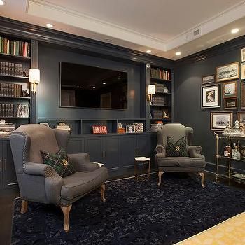 Formal Living Room Turned Study, Dark Blue Rug Living Room, Dark Paneled Walls, Office Snug, Hermes Throw, Paneled Den, Moody Office, Den Library, Grey Wingback Chair