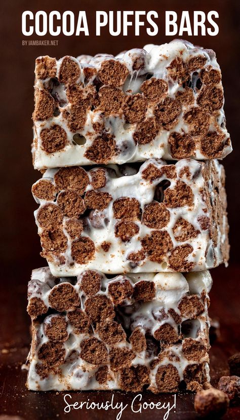 Stack of Cocoa Puffs Bars with extra marshmallow. Chex Cereal Bars, Cereal Bar Recipe, Cereal Treat Bars, Cocoa Puffs Cereal, Puff Bars, Easy Impressive Dessert, Puff Dessert, Chocolate Puff, Three Ingredient Recipes