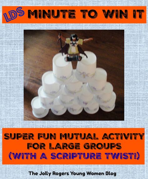 LDS Theme Minute to Win It - games using scriptures from the Bible and the Book of Mormon. Great Combined Activity Ideas for YW YM from the LDS Jolly Rogers YW Blog Stake Yw Activities, Book Of Mormon Minute To Win It, Lds Ym/yw Combined Activities, Fun Yw Activity Ideas, Lds Ward Activities, Book Of Mormon Youth Activities, Lds Games For Youth, Book Of Mormon Activity Ideas, Yw Combined Activity Ideas