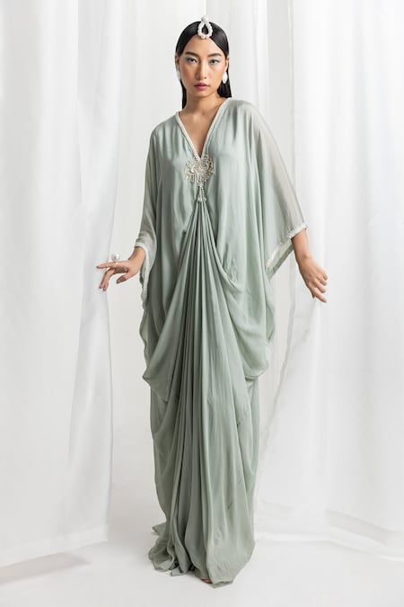 Seema Thukral, Draped Kaftan, Kaftan Wedding Dress, Dubai Kaftan Dress, Sheer Kaftan, Bali Dress, Reception Cocktail, Kaftan Pattern, Chiffon Kaftan