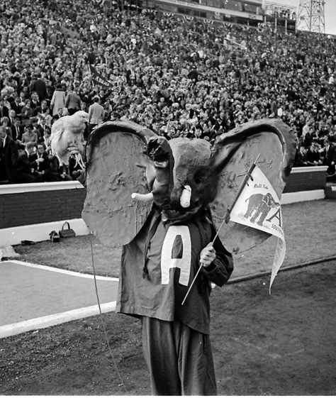 Before Alabama's mascot Big Al had an official, full-body costume or even a nickname, student Melford Espey Jr. created an elephant head and wore it on the sidelines in the 1960s. This is from a 1964 Iron Bowl. It looks as if he is holding a fowl, likely a reference to "War Chicken," a common joke Alabama fans make about Auburn's "War Eagle" battle cry. Date unknown. (Source: University of Alabama Libraries) Kelly Kazek | kkazek@al.com #Alabama #RollTide #Bama #BuiltByBama #RTR #CrimsonTide #Ram Alabama Mascot, Alabama College Football, Tuscaloosa Alabama, Big Al, Alabama Fans, Iron Bowl, Bama Girl, Full Body Costumes, Sec Football