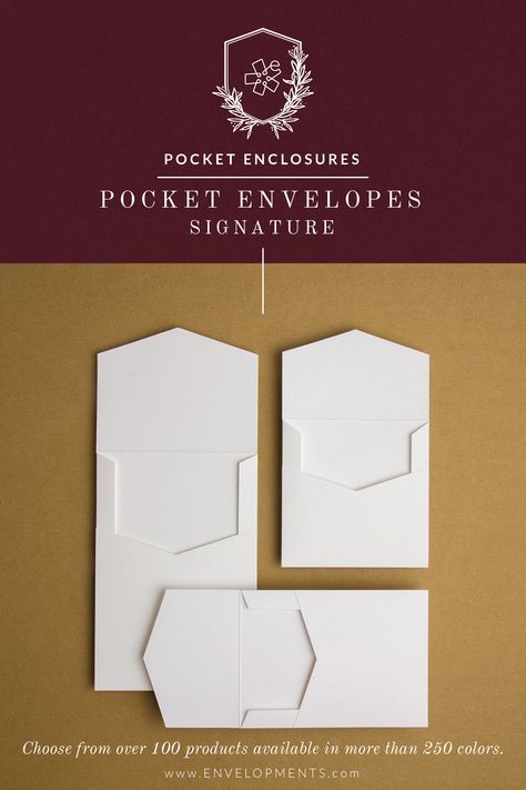 Pocket Envelopes Signature enclosures have a chevron-shaped flap and full-sized pocket to insert the contents. This product is perfect for those looking for an alternative to traditional inner envelopes. Created from card stocks and available in four styles, they can be used vertically or horizontally regardless of their orientations and are designed to fit into Envelopments’ Envelopes in coordinating sizes. Create dimension by layering cards from their respective size groups. Vertical Envelope Template, Square Envelope Design, Packaging Envelope Design, Custom Envelope Design, Creative Envelope Design Ideas, Wedding Card Envelope Design, Square Envelope Template, Envelope Design Inspiration, Envelope Design Ideas