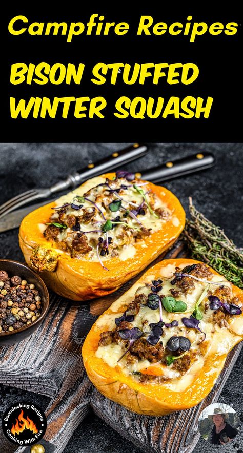 Ground Bison Recipes Healthy Dinner - Bison Stuffed Winter Squash - Squash offers a colorful way to embrace the fall season, while acorn squash specifically is packed with nutrients like fiber, vitamins, and minerals. Winter Squash Recipe, Bison Chili Recipe, Hearty Fall Meal, Bison Recipes, Main Course Ideas, Ground Bison, Winter Squash Recipes, Food Distribution, Course Ideas