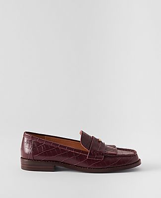 Our exotically embossed loafers flatter - every step of the way. Round toe. Padded footbed for complete comfort. 1/2" heel.,Imported:Imported,Fabrication:Leather Kiltie Croco Loafer by Ann Taylor Size regular - 7 Rich Cranberry Women's Low, Loafers, Footwear, Leather Low Loafers, Burgundy Loafers, Loafers Outfit, Penny Loafers, Sweater Weather, Leather Loafers, Embossed Leather, Effortless Style, Cranberry