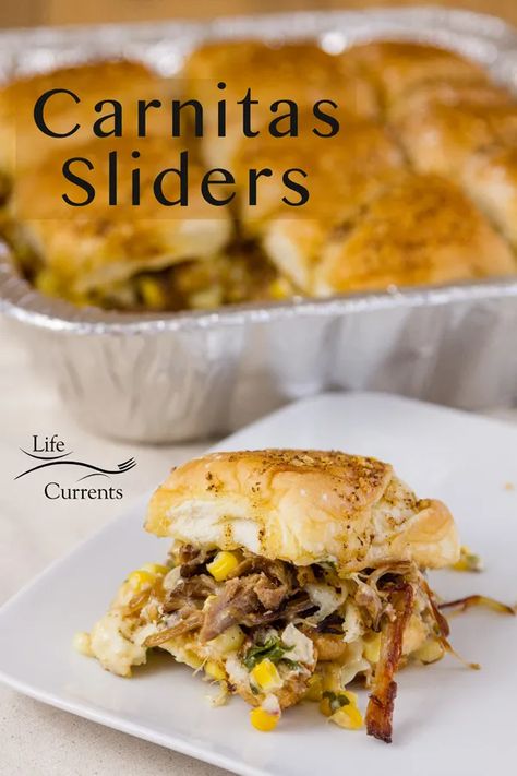 A carnitas slider on a white plate in front of an aluminum pan of carnitas sliders Mexican Sliders, Carnitas Sliders, Corn Esquites, Fiesta Food, Easy Party Desserts, Tailgate Snacks, Hot Chocolate Fudge, Awesome Appetizers, Lake Party