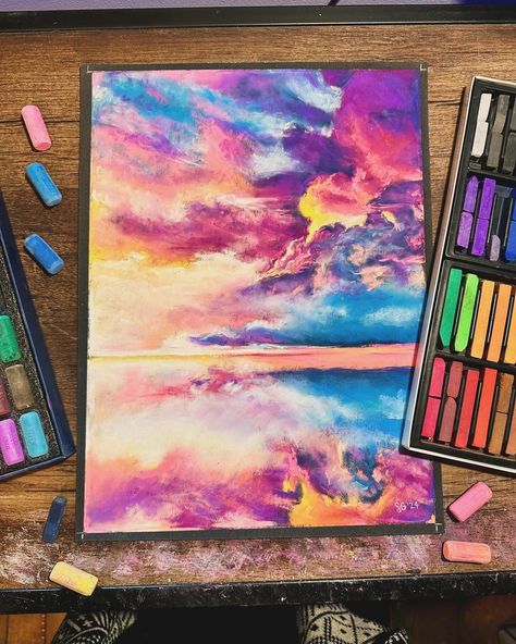 In love with this piece 🩵 and it’s for sale if anyone is interested! DM me with inquiries 😊 ——— Vibrant sunset landscape, sunset reflection, soft pastel landscape, soft pastel painting #pastelart #pastelpainting #softpastels #lanscape #landscapepainting Landscape Soft Pastel, Soft Pastel Painting Ideas, Soft Pastel Art Landscape, Oil Pastel Art Landscape, Pastel Art Landscape, Oil Pastel Scenery, Soft Pastel Landscape, Oil Pastel Landscape, Soft Pastel Painting