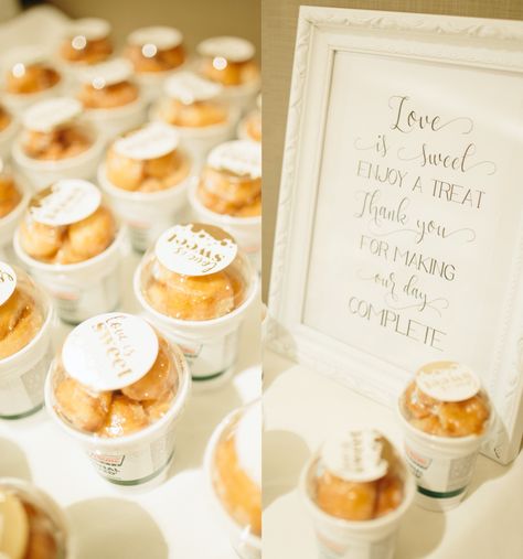 Our wedding favors we're Krispy Kreme's donut holes because of two reasons, 1, they're my favorite guilty pleasure and 2, our wedding day was on National Donut Day! Donut Holes Party Favors, Wedding Donut Holes, Donut Holes Wedding, Krispy Kreme Wedding, Donut Wedding Favors, Donut Wedding, Diy Wedding Favors Cheap, Oyster Roast, Wedding Favor Gift Tags