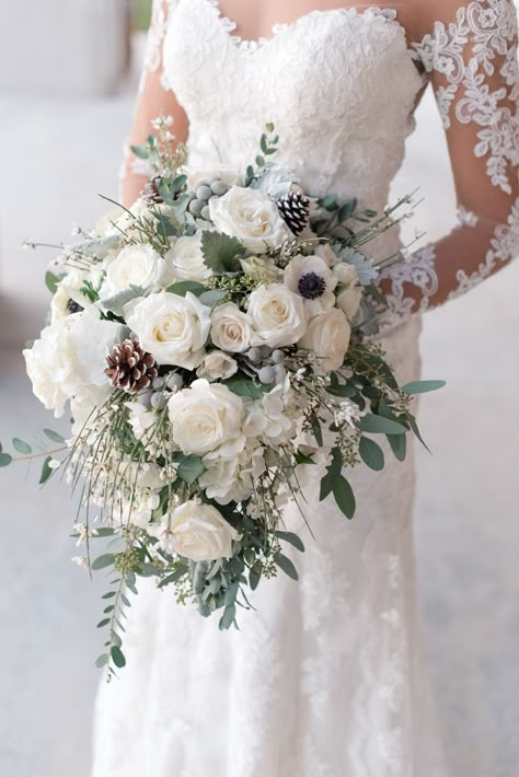 Wintery White Rose, Pine Cone and Silver Brunia Bouquet Winter Wonderland Wedding Flowers, Elegant Winter Wedding Bouquet, Winter Flowers For Wedding, January Wedding Bouquet, Winter Wedding Flowers Centerpieces, January Wedding Ideas, January Weddings, Winter Wedding Flower Arrangements, January Wedding Flowers