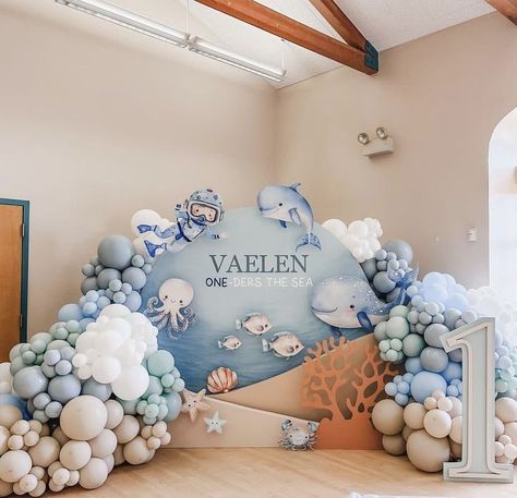 Ocean Theme Backdrop, Sea Animals Birthday Party Ideas, Under The Sea First Birthday Boy, Oneder The Sea 1st Birthday Boy, Oneder The Sea 1st Birthday, Ocean Theme Birthday Party, Ocean Baby Shower Theme, Ocean Baby Showers, Ocean Theme Birthday