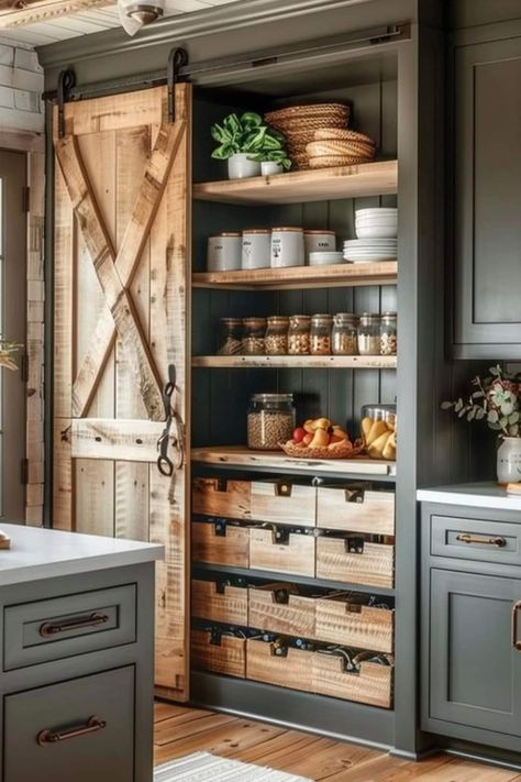 Kitchen With Pantry Ideas, Cabin Pantry Ideas, Old Farmhouse Pantry, Cool Pantry Ideas, Pantry Wall In Kitchen, Barndo Kitchen Ideas Farmhouse, Farmhouse Kitchen Pantry Ideas, Country Kitchen Ideas Farmhouse Style Rustic, Tiny Living Ideas