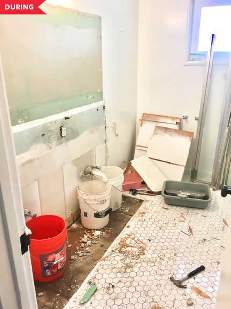 During: Mid-demolition, with vanity and old tile removed Removing Mirror From Wall Bathroom, Removing Bathroom Wall Tile, Reglazing Bathroom Tile, 1960 Bathroom, Scallop Tile Bathroom, How To Remove Tile From Wall Bathroom, How To Take Off Bathroom Wall Tile, 1960s Bathroom, Scallop Tiles