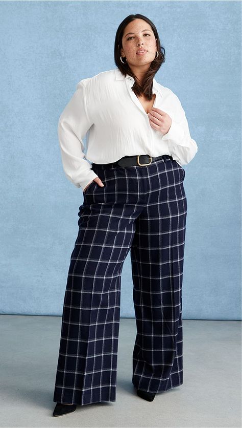 Plus Size Women's Work Clothes | Lane Bryant Button Up Work Outfit, Wide Leg Pants Outfit Plus Size, Lane Bryant Outfits, Plus Size Business Casual, Business Casual Outfits Winter, Plaid Pants Outfit, Wide Leg Outfit, Plus Size Wide Leg Pants, Pants Outfit Work