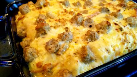 Easy Sausage Strata Recipe | Allrecipes Sausage Egg And Cheese Strata, Sausage And Cheese Strata, Sausage Strata Overnight, Sausage Strata Breakfast, Breakfast Hotdish, Cheese Strata Recipe, Sausage Strata, Strata Recipes Breakfast, Strata Recipe