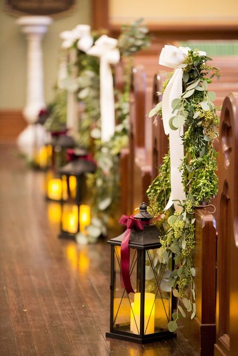 An Elegant Winter Wedding With Christmas Spirit - Belle The Magazine Ceremony Decorations Church, Wedding Pew Decorations, Church Aisle Decorations, Wedding Ceremony Decorations Church, Wedding Church Decor, Pew Decorations, Winter Wedding Centerpieces, Wedding Pews, Cheap Wedding Decorations