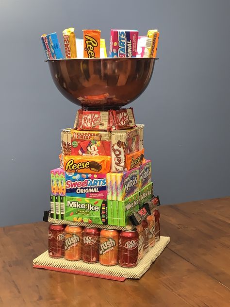 Candy Stanley Cup, Banquet Basket Ideas, Hockey Mom Raffle Basket, Candy Trophy Ideas, Hockey Raffle Basket Ideas, Hockey Gift Basket, Candy Trophy, Hockey Tournament Ideas, Team Treats