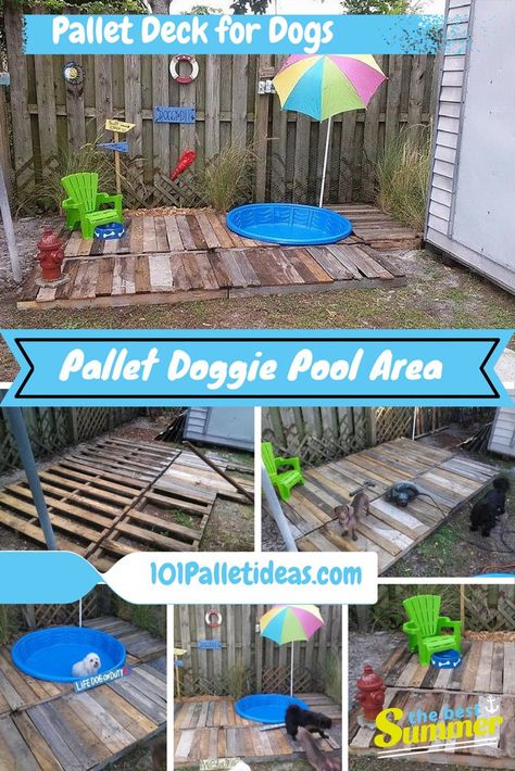 DIY Pallet #Doggie #Pool Area - Pallet Deck for #Dogs| 101 Pallet Ideas Doggie Pool, Puppy Pool, Backyard Dog Area, Pallet Pool, Dog Friendly Backyard, Pallet Deck, Dog Backyard, Dog Swimming Pools, Deck Backyard