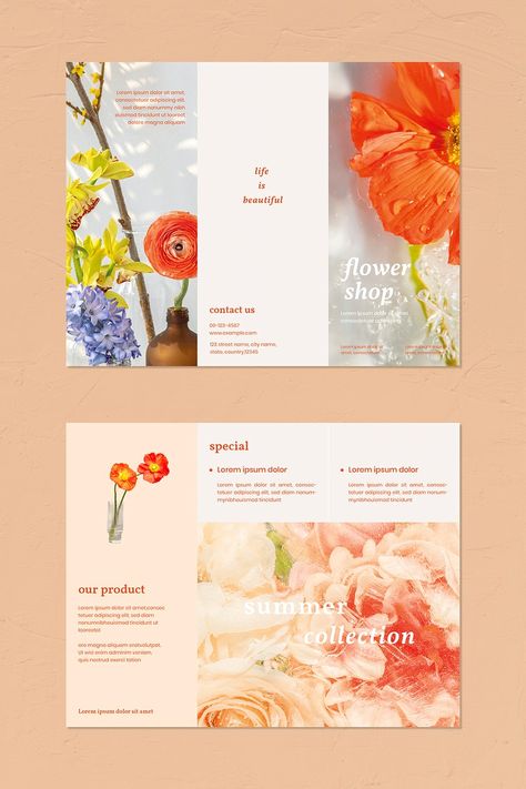 Flower shop brochure template vector | premium image by rawpixel.com / Aew Flower Shop Graphic Design, Flower Shop Branding Design, Wedding Brochure Design, Welcome Brochure, Flower Shop Branding, Brochure Layout Design, Flower Layout, Brochure Design Ideas, Leaflet Layout