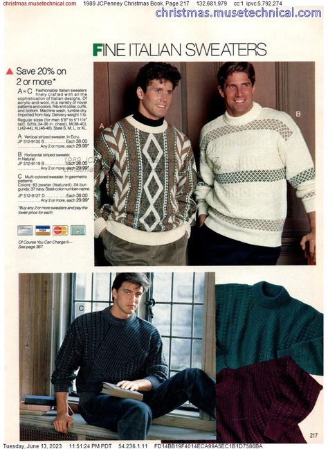 1985 Clothes, 80s Fashion Magazine, Christmas Outfit Men, Sweater Outfits Men, 80s Men, 90s Men, 80s Sweater, 80s Mens, Christmas Book