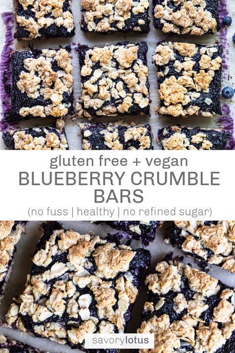 No-fuss gluten free and vegan blueberry crumble bars. Easy to make, healthy yet decadent, and loaded blueberry goodness. Gooey and jammy with the BEST buttery base and crumble.#bluebeerycrumblebars #blueberries #veganrecipes #glutenfreerecipes #blueberrybars #summerdesserts #savorylotus Vegan Blueberry Crumble, Almond Flour Desserts, Banana Oat Cookies, Blueberry Crumble Bars, Blueberry Crumble, Crumble Bars, Vegan Blueberry, Vegan Peanut Butter, Homemade Gluten Free