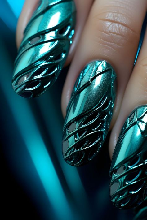 metallic cyan nails, cyan nail designs, metallic nail art, cyan nail ideas, shiny nails, trendy nail colors, nail inspiration, nail fashion, nail trends, elegant nails, metallic manicure, chic nail designs, glamorous nails, nail creativity, beautiful nails, stylish nail art, vibrant nails, metallic nail polish, shiny nail ideas, nail aesthetics, eye-catching nails, fashion-forward nails, striking nail colors, unique nail designs, statement nails, bold nail art, glossy nails, metallic beauty Cyan Nail Designs, Nail Designs Metallic, Cyan Nails, Trendy Nail Colors, Bold Nail Art, Gel Chrome Nails, Silver Acrylic Nails, Statement Nails, Chrome Nail Designs