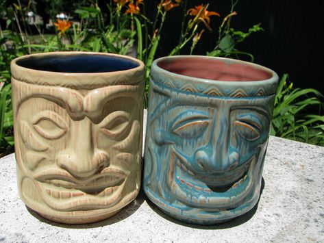 Rustic Tiki Cups - Mayco Tiki Cups, Tiki Head, Pottery Projects, Tiki Tiki, Glaze Ideas, Pinch Pot, Tiki Room, Pinch Pots, Sea Green