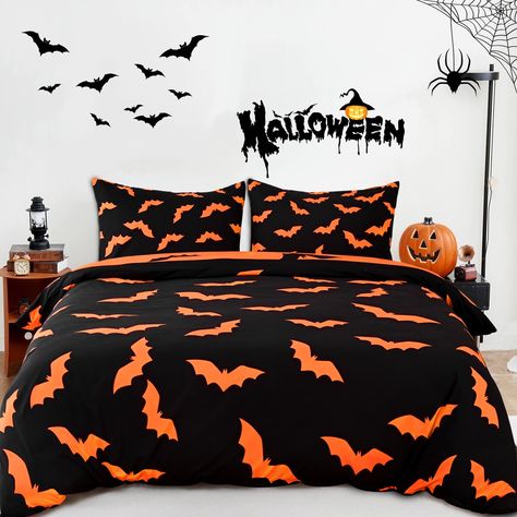 PRICES MAY VARY. Halloween Decoration: This Halloween Duvet cover set is designed with orange bats, which can easily capture the essence of Halloween. Soft & Comfortable Material: Our Halloween duvet cover king is crafted from superior microfiber material. It is ultra soft, breathable, comfortable and skin-friendly. Size: This Halloween bedding set includes 1 black duvet cover measuring 104"x90" and 2 pillow shams sized 20"x36" each (Note: COMFORTER NOT INCLUDED). Hidden Zipper & Corner Ties: Ou Archway Decor, Halloween Bedding, Flying Bat, Black Duvet, Halloween Bedroom, Apartment Stuff, Black Duvet Cover, Modern Halloween, Cozy Pillow