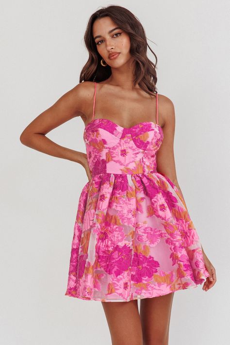 Shop the Belle Enchante Cami Strap Jacquard Mini Dress Pink | Selfie Leslie Pink Floral Dress Outfit, Jacquard Mini Dress, Floral Dress Outfits, Recruitment Outfits, Mini Dress Pink, Hoco Dress, Yellow Bridesmaids, Flare Mini Dress, Dress Inspo