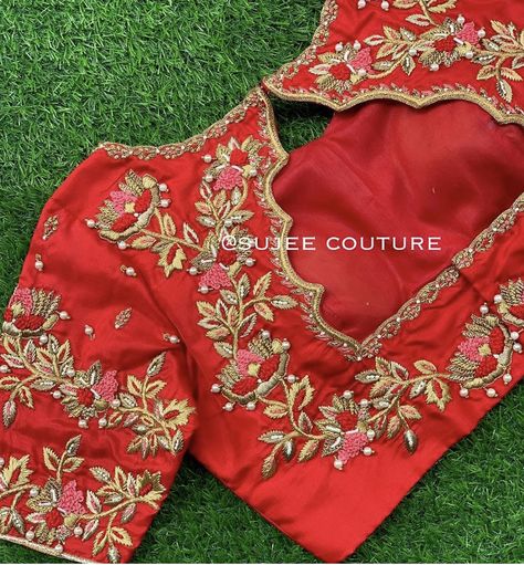 Net Blouse Back Designs Latest, Boat Neck Maggam Work Blouse Designs Latest, Boat Neck Blouse Designs Latest Back Maggam Work, Maggam Back Neck Designs, Boat Neck Maggam Work Blouses, Red Colour Blouse Maggam Work, Boat Neck Embroidery Designs, Heavy Work Blouse Designs, Work Blouse Hand Designs