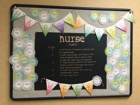 Nurses week bulletin board Nurses Week Board Ideas, Nurses Board Ideas, Bulletin Board Ideas For Healthcare, Er Bulletin Board Ideas, Staff Bulletin Board Ideas Nurses, Nursing Unit Decorations, Nurses Week Bulletin Board Ideas, Hospital Bulletin Board Ideas Staff Appreciation, Work Bulletin Board Ideas Hospital