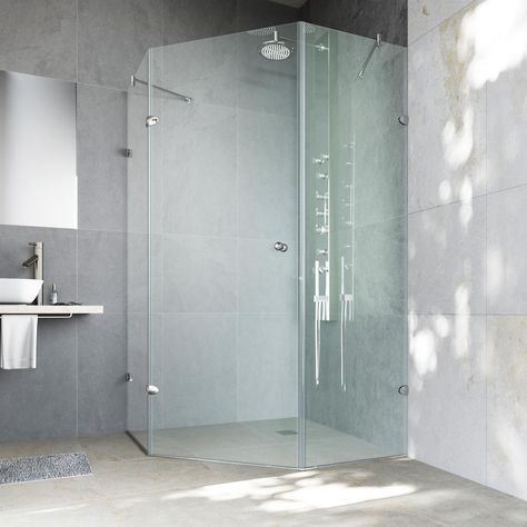 VIGO Verona 34.125 in. x 73.375 in. Frameless Neo-Angle Shower Enclosure in Chrome with Clear Glass Neo Angle Shower Doors, Neo Angle Shower Enclosures, Brushed Nickel Shower, Neo Angle Shower, Stainless Kitchen Faucet, Chrome Kitchen Faucet, Corner Shower Enclosures, Frameless Shower Enclosures, Frameless Shower Doors