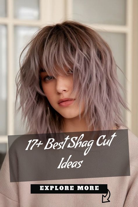 Woman with a shag haircut and text overlay promoting over 17 hairstyle ideas. Short Shag Haircuts For Fine Hair, Shag Cut With Bangs, Shag Haircut Ideas, Shag Cut, Different Curls, Short Shag Haircuts, Girl Vibe, Shaggy Hair, Short Shag