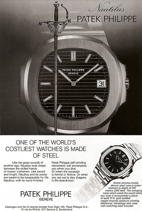 Patek Philippe World Time, Gerald Genta, The Nautilus, Monochrome Watches, Patek Philippe Watches, Silver Pocket Watch, Watch Ad, Old Watches, Old Ads