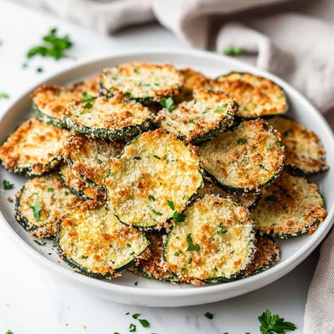 Thanksgiving Zucchini, Zucchini Chips Airfryer, Air Fryer Parmesan Zucchini, Zucchini Air Fryer, Air Fryer Thanksgiving, Golden Zucchini, Parmesan Zucchini Chips, Loaded Potato Skins, Green Beans Almondine