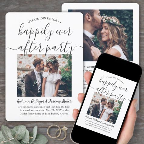 2 Photo Happily Ever After Party Elopement Wedding Invitation Post Elopement Party, Sequel Wedding, Anniversary Reception, Collage Invitation, Reception Only Invitations, Simple Wedding Reception, Elopement Party, Elopement Invitation, Tie The Knot Wedding