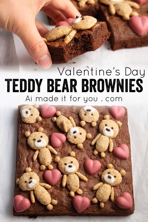 Bear Brownies, Cakey Brownies, Squares Recipes, Valentines Recipes, Brownie Packaging, Ruby Chocolate, Teddy Bear Cookies, Valentines Baking, Brownie Toppings