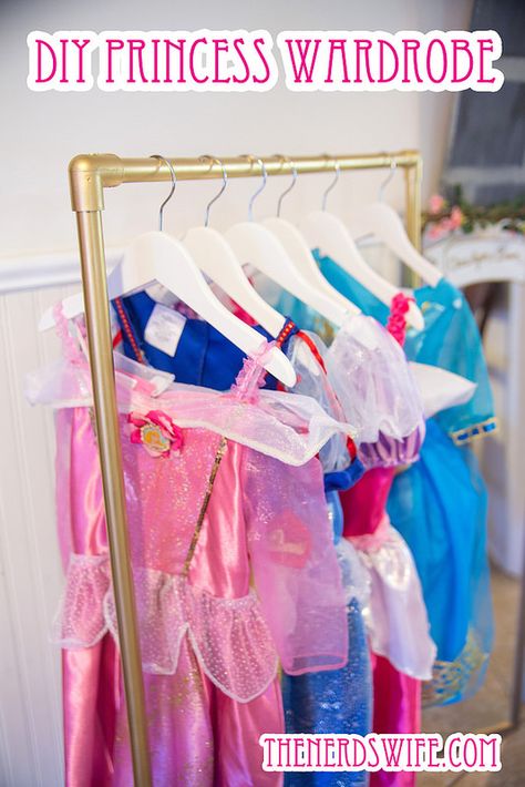 DIY Princess Dress Wardrobe from pvc pipe Princess Dress Closet Diy, Princess Dress Storage Ideas, Ways To Store Dress Up Clothes, Easy Diy Dress Up Rack, Diy Princess Dress Up Station, Diy Princess Dress Rack, Princess Dress Up Station Parties, Diy Dressup Closet, Princess Dress Organization