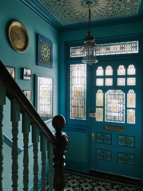 Stain Glass Door, William Morris Wallpaper, Colourful Home, Southeast London, House In London, Fireplace Tile Surround, Morris Wallpapers, Moroccan Interiors, Edwardian House