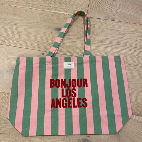 Szane "Bonjour Los Angeles” Striped Canvas Tote. Brand New, In Pristine Condition, And Never Used, Although Please Note Tags Are Not Attached. Pink-And-Green Striped. Dimensions Are 21”L X 13”D X 6”W And 10" Drop Material: 100% Cotton. Machine Washable. Totebag Aesthetic, Canvas Beach Bag, Striped Bags, Bags Aesthetic, Eco Bag, Handbag Shoes, Shopper Bag, Canvas Tote Bag, Tote Bag Design