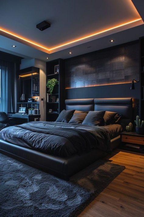 Cool Bedroom Ideas For Men, Modern Mens Bedroom, Small Bedroom Ideas For Men, Dark Modern Bedroom, Male Bedroom Ideas, Bedroom Ideas For Men, Masculine Bedroom, Dark Modern, Dark Bedroom