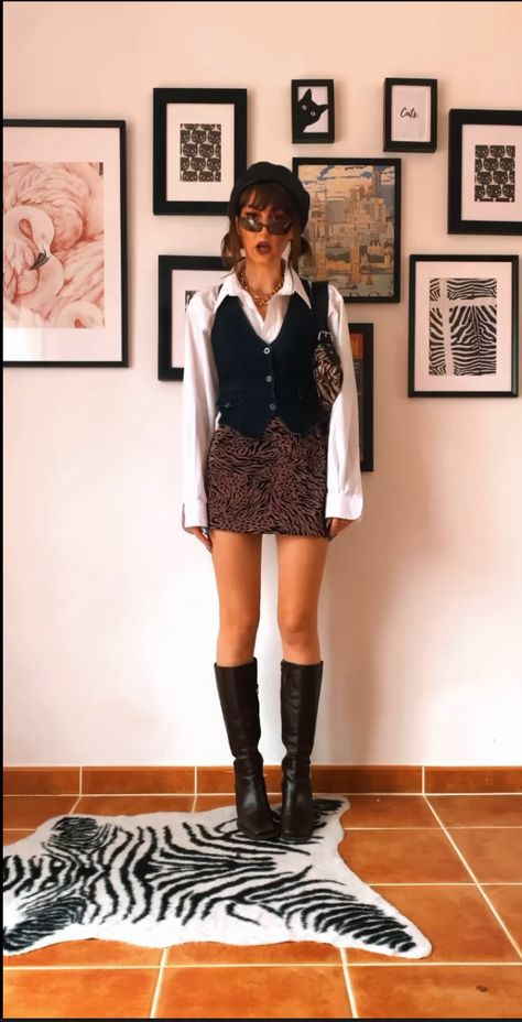 Waistcoat Winter Outfit Women, Waistcoat And Mini Skirt Outfit, 70s Doc Martens Outfit, Bar Server Outfit, 60s Leather Jacket Outfit, Vest Over Button Up Outfit, Corset Night Out Outfit, London Party Outfit, Sopranos Outfits Women