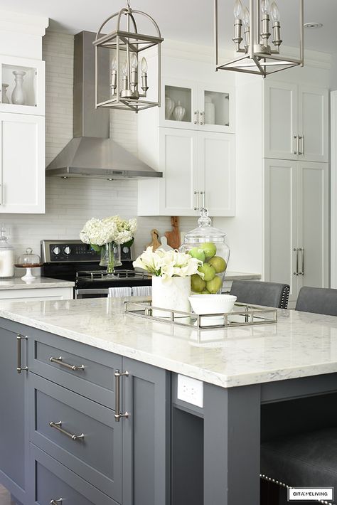 White and Grey Kitchen: A Hardware Update - CITRINELIVING White And Grey Kitchen, Modern Grey Kitchen, Grey Kitchen Designs, Gray And White Kitchen, Kitchen Island Decor, White Kitchen Decor, Kitchen Design Modern White, Classic Kitchen, White Kitchen Design