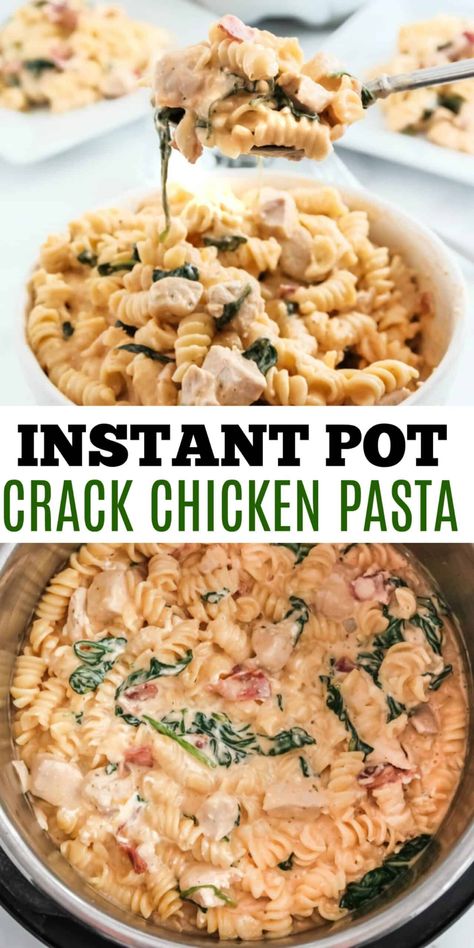 Crack Chicken Pasta takes weeknight comfort food to a new level. Made in the Instant Pot, this creamy chicken pasta packed with cheese, spinach, and bacon is cooked in 30 minutes! Quick Chicken Dinner, Instant Pot Pasta Recipe, Creamy Chicken Pasta, Meal Train Recipes, Best Instant Pot Recipe, Instant Pot Recipes Chicken, Chicken Pasta Recipes, Instant Pot Dinner Recipes, Easy Instant Pot Recipes