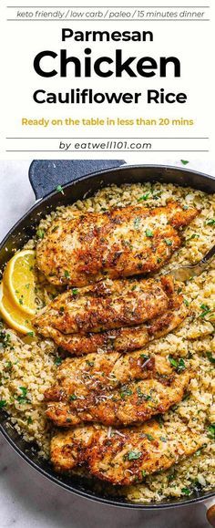 Garlic Butter Chicken with Parmesan Cauliflower Rice - #eatwell101 #recipe Crispy, soft and SO delish! Perfect for when you want to come home to a delicious gluten-free, low-carb dinner. #Garlic #Butter #Chicken #Parmesan #Cauliflower #Rice #glutenfree, l#owcarb #dinner. - #recipe by #eatwell101 #dinnerrecipe Parmesan Cauliflower Rice, Chicken With Parmesan, Ayam Mentega, Low Carb Veggie, Rice Healthy, Parmesan Cauliflower, Chicken Cauliflower, Cauliflower Rice Recipes, Boiled Egg Diet Plan