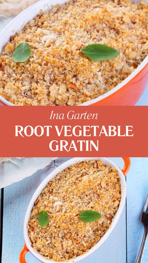 Ina Garten Root Vegetable Gratin Root Vegetable Gratin Ina Garten, Ins Garten Recipes, Root Vegetable Gratin, Vegetable Gratin, Gold Potatoes, Celery Root, Creamed Potatoes, Yukon Gold, Root Vegetable