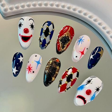 The Fall Collection OUT NOW!! Link in bio #nails #nailsnailsnails #nailart #fallnails #nailtech #justnailsss #halloweennails #pressonnails Sensory Nails, The Outsiders Inspired Nails, Circus Themed Nails, Short Clown Nails, Insane Clown Posse Nails, Clown Nails Acrylic, Circus Nails Designs, Jester Nails, Clown Nails Designs