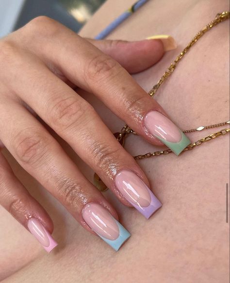 French Tip Nails Summer, Multi Color Nails, Summer Nails Acrylic, Acrylic Nails Pastel, Summer French Nails, Shiny Nails Designs, Nails French Tip, Multicolored Nails, Aqua Nails