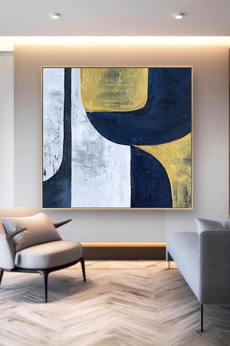 Modern abstract wall art: Original handmade painting featuring navy blue, gold, and white geometric shapes on textured canvas Navy Blue And Gold, Modern Abstract Wall Art, Blue And Gold, Abstract Wall, Abstract Wall Art, Blue Gold, Unique Pieces, Abstract Painting, Original Paintings